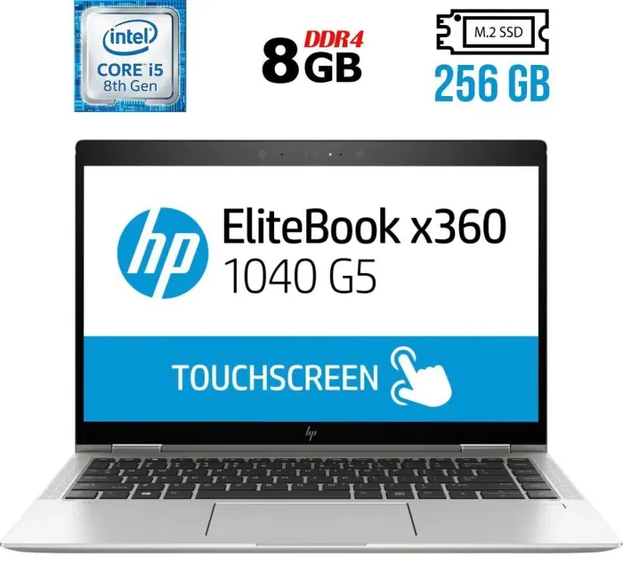 Ноутбук-трансформер Б-клас HP EliteBook x360 1040 G5 / 14" (1920x1080) IPS Touch / Intel Core i5-8250U (4 (8) ядра по 1.6 - 3.4 GHz) / 8 GB DDR4 / 256 GB SSD M.2 / Intel UHD Graphics 620 / WebCam / Fingerprint / USB 3.1 / HDMI б/в - зображення 1