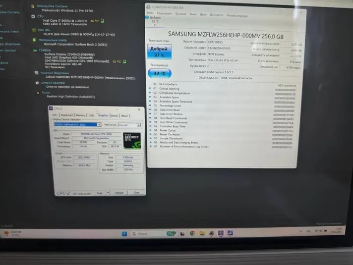 Ігровий ультрабук-трансформер Б-клас Microsoft Surface Book 2 / 15.0" (3240x2160) IPS Touch / Intel Core i7-8650U (4 (8) ядра по 1.9 - 4.2 GHz) / 16 GB DDR4 / 256 GB SSD / nVidia GeForce GTX 1060, 6 GB GDDR5, 192-bit / WebCam / Win 11 б/в - зображення 7
