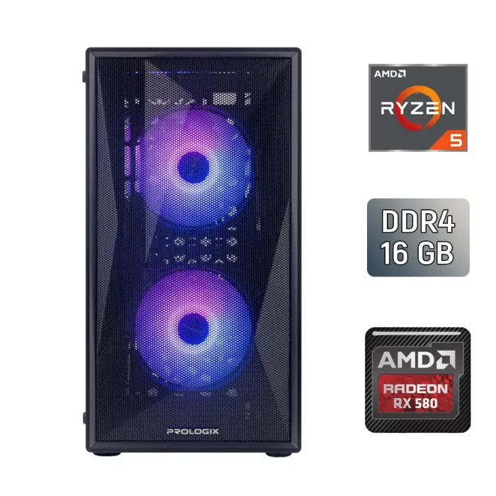 Ігровий ПК Prologix E102 / AMD Ryzen 5 5500 (6 (12) ядер по 3.6 - 4.2 GHz) / 16 GB DDR4 / 128 GB SSD + 2000 GB HDD / AMD Radeon RX 580 2048SP, 8 GB GDDR5, 256-bit / 500 W / ASRock B450M-HDV R4.0 б/в - зображення 1