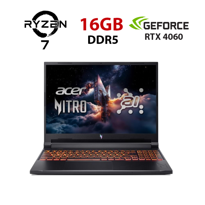 Ігровий ноутбук Acer Nitro 16 AN16-42-R6U0 / 16" (1920x1200) IPS / AMD Ryzen 7 8845HS (8 (16) ядер по 3,8 - 5,1 ГГц) / 16 ГБ DDR5 / 480 ГБ SSD / nVidia GeForce RTX 4060, 8 ГБ GDDR6, 128-біт / Веб-камера б/в - зображення 1
