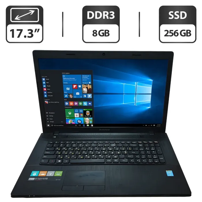 Ноутбук Б-клас Lenovo G710 / 17.3" (1600x900) TN / Intel Core i3-4000M (2 (4) ядра по 2.4 GHz) / 8 GB DDR3 / 256 GB SSD / Intel HD Graphics 4600 / WebCam / DVD-ROM б/в - зображення 1