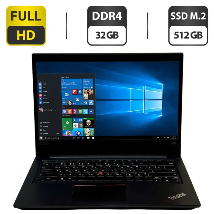 Ноутбук Lenovo ThinkPad E495 / 14" (1920x1080) IPS / AMD Ryzen 7 3700U (4 (8) ядра по 2.3 - 4.0 GHz) / 32 GB DDR4 / 512 GB SSD M.2 / AMD Radeon RX Vega 10 Graphics / WebCam / Windows 10 Pro б/в - зображення 1