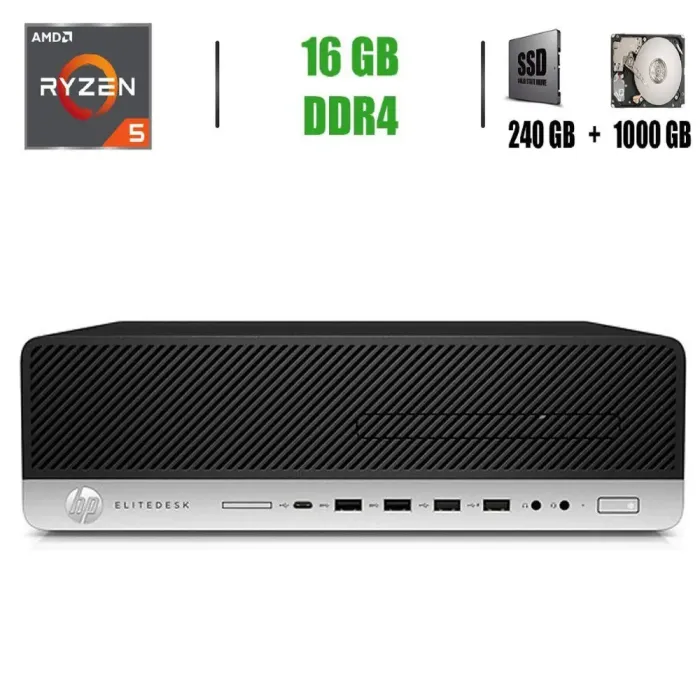 Комп'ютер HP Elitedesk 705 G5 SFF / AMD Ryzen 5 3400G (4(8) ядра по 3.7 - 4.2 GHz) / 16 GB DDR4 / 240 GB SSD+1000 GB HDD / AMD Radeon R7 430, 2 GB GDDR5, 128-bit / Windows б/в - зображення 1