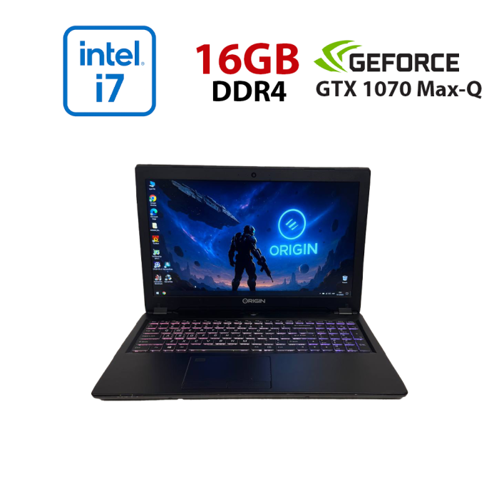 Ігровий ноутбук Б-класу Origin Evo 15-S P950ER-U / 15,6" (1920x1080) IPS / Intel Core i7-8750H (6 (12) ядер по 2,2 - 4,1 ГГц) / 16 ГБ DDR4 / 128 ГБ SSD + 500 ГБ HDD / nVidia GeForce GTX 1070 Max-Q, 8 ГБ GDDR5, 256-біт б/в - зображення 1