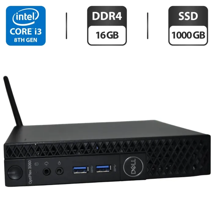 Неттоп Dell OptiPlex 3060 Micro USFF / Intel Core i3-8100T (4 ядра по 3.1 GHz) / 16 GB DDR4 / 1000 GB SSD / Intel UHD Graphics 630 / Wi-Fi / Windows 11 Pro б/в - зображення 1