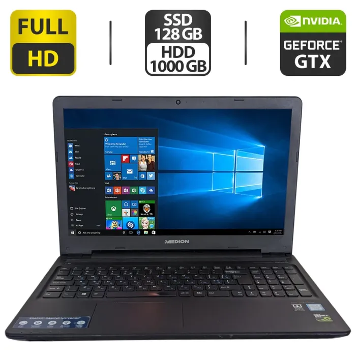 Ноутбук Б-клас Medion Akoya D15SHN / 15.6" (1920x1080) TN / Intel Core i7-6500U (2 (4) ядра по 2.5 - 3.1 GHz) / 16 GB DDR4 / 128 GB SSD + 1000 GB HDD / nVidia GeForce GTX 950M, 2 GB GDDR3, 128-bit / WebCam / DVD-ROM б/в - зображення 1