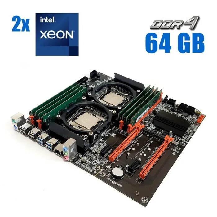 Комплект: Материнська плата ZX-DU99D4_V1.31 + 2x Intel Xeon E5-2680 v4 (14 (28) ядер по 2.4 - 3.3 GHz) + 64 GB DDR4 б/в - зображення 1
