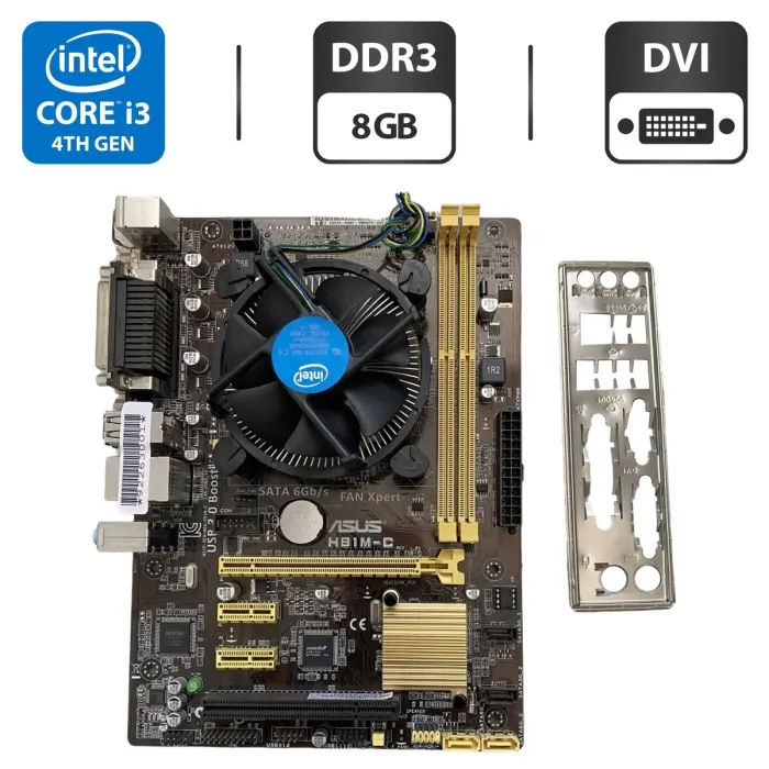 Комплект: Материнська плата Asus H81M-C / Intel Core i3-4130 (2 (4) ядра по 3.4 GHz) / 8 GB DDR3 / Socket LGA 1150 / Задня заглушка б/в - зображення 1