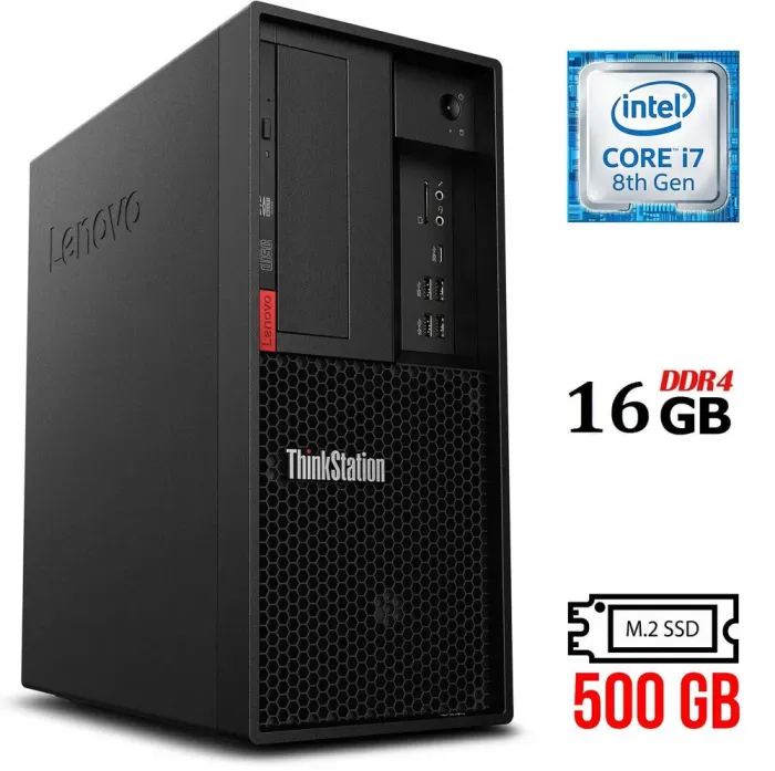 Комп'ютер Б-клас Lenovo ThinkStation P330 Tower / Intel Core i7-8700K (6 (12) ядер по 3.7 - 4.7 GHz) / 16 GB DDR4 / 500 GB SSD M.2 / Intel UHD Graphics 630 / 400W / DVD-RW / USB 3.1 / DisplayPort б/в - зображення 1