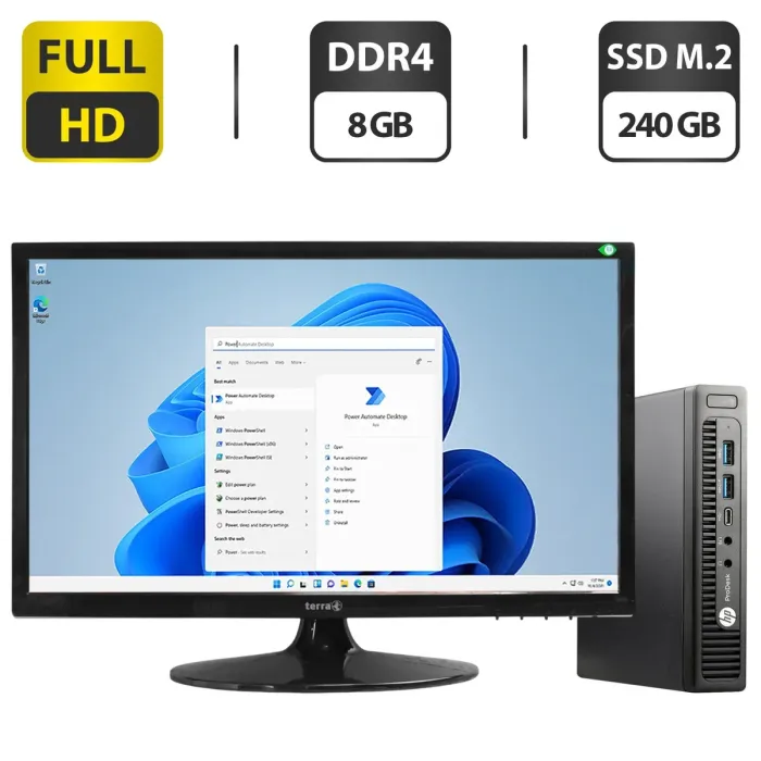 Комплект ПК: HP ProDesk 600 G2 Mini PC USFF / Intel Core i3-6100T (2 (4) ядра по 3.2 GHz) / 8 GB DDR4 / 240 GB SSD / Intel UHD Graphics 530 / USB Wi-Fi + Монітор Б-клас Terra 2420W / 24" (1920x1080) TN + Windows 11 Pro б/в - зображення 1