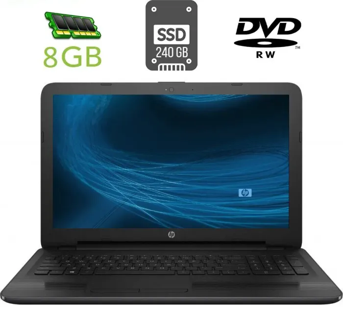 Ноутбук Б-клас HP 250 G5 / 15.6" (1366x768) TN / Intel Celeron N3060 (2 ядра по 1.6 - 2.48 GHz) / 8 GB DDR3 / 240 GB SSD / Intel HD Graphics 400 / WebCam / DVD-RW / HDMI б/в - зображення 1