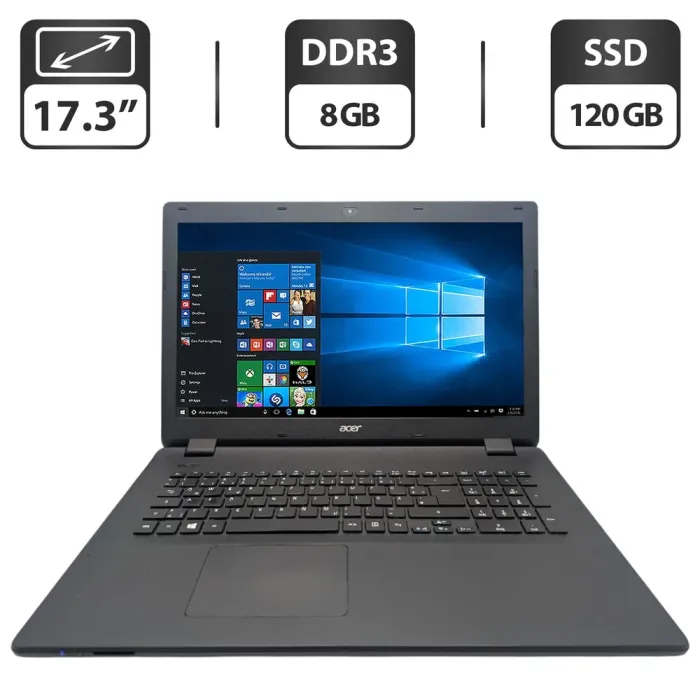 Ноутбук Acer Aspire ES1-731 / 17.3" (1600x900) TN / Intel Celeron N2940 (4 ядра по 1.83 - 2.25 GHz) / 8 GB DDR3 / 120 GB SSD / Intel HD Graphics / WebCam / DVD-ROM б/в - зображення 1