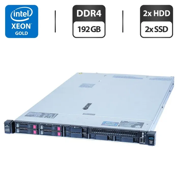 Сервер HP ProLiant DL360 Gen10 1U Rack / 2x Intel Xeon Gold 6152 (22 (44) ядра по 2.1 - 3.7 GHz) / 192 GB DDR4 / 2x 1200 GB HDD (SAS) + 2x 800 GB SSD (SAS) / Smart Array P408i-a SR Gen10 Controller / 2x 500W б/в - зображення 1
