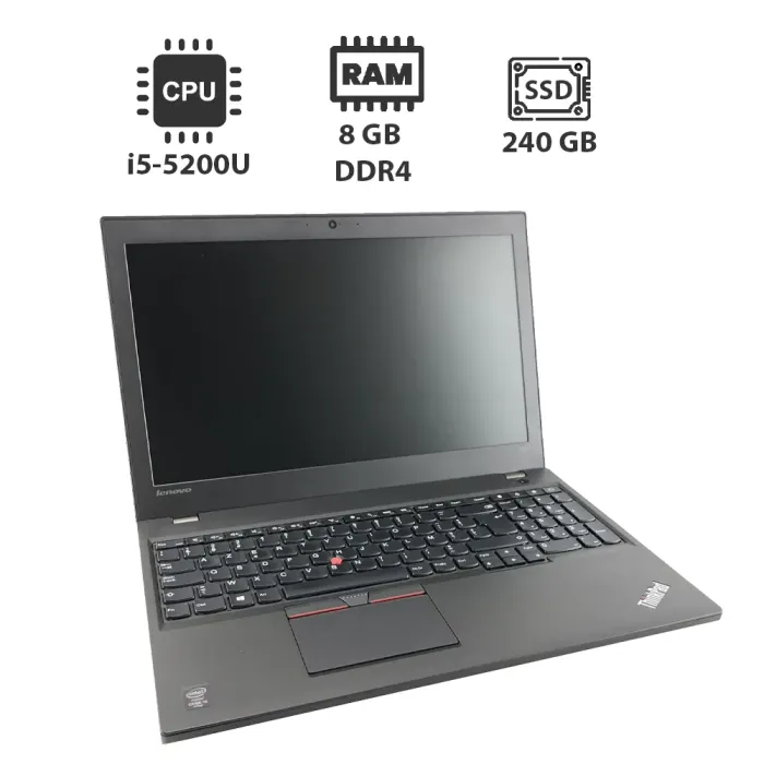 Ноутбук Lenovo ThinkPad T550 / 15.6" (1366x768) TN / Intel Core i5-5200U (2 (4) ядра по 2.2 - 2.7 GHz) / 8 GB DDR3 / 240 GB SSD / HD Graphics 5500 / WebCam б/в - зображення 1