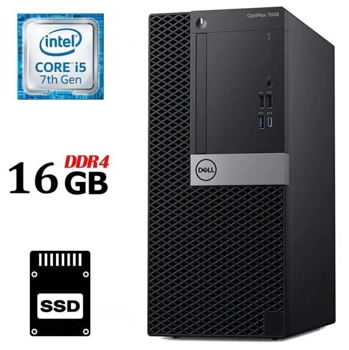 Комп'ютер Dell OptiPlex 7050 Tower / Intel Core i5-7500 (4 ядра по 3.4 - 3.8 GHz) / 16 GB DDR4 / 500 GB SSD / Intel HD Graphics 630 / 240W / HDMI / DisplayPort б/в - зображення 1