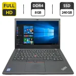 Ультрабук Б-клас Lenovo ThinkPad T480 / 14" (1920x1080) IPS / Intel Core i5-8350U (4 (8) ядра по 1.7 - 3.6 GHz) / 8 GB DDR4 / 240 GB SSD / Intel UHD Graphics 620 / WebCam / Два АКБ б/в