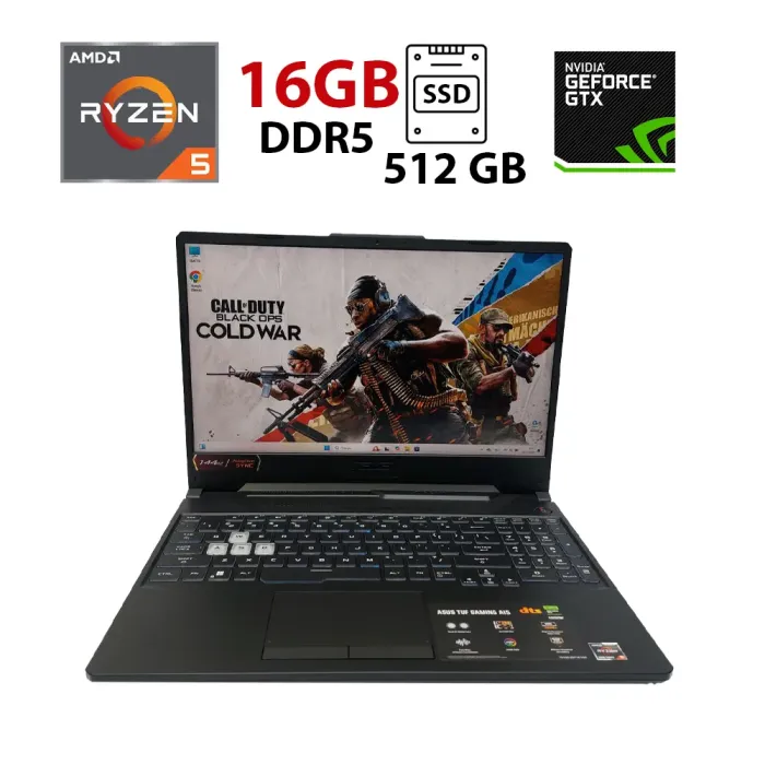 Ігровий ноутбук ASUS TUF Gaming A15 / 15.6" (1920x1080) IPS / AMD Ryzen 5 7535HS (6 (12) ядер по 3.3 - 4.55 GHz) / 16 GB DDR5 / 512 GB SSD / nVidia GeForce RTX 2050, 4 GB GDDR6, 64-bit / WebCam б/в - зображення 1
