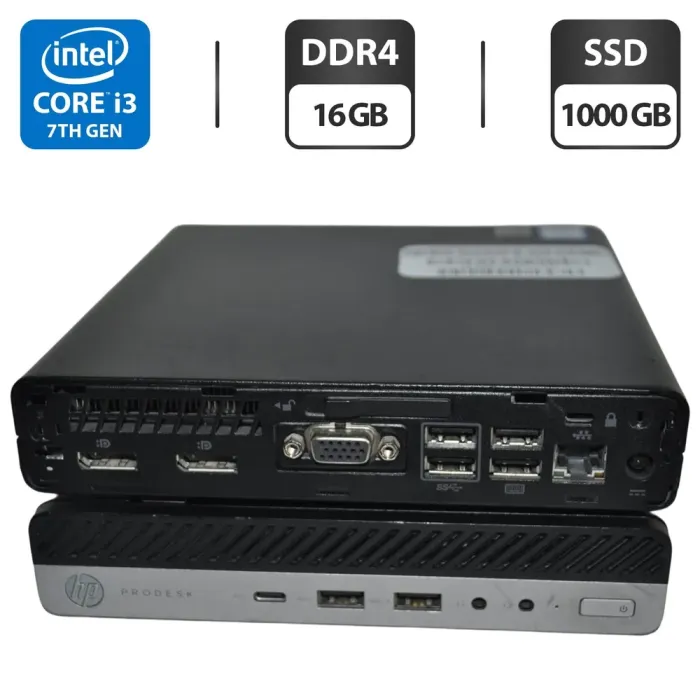 Неттоп HP ProDesk 600 G3 Mini PC USFF / Intel Core i3-7100T (2 (4) ядра по 3.4 GHz) / 16 GB DDR4 / 1000 GB SSD / Intel HD Graphics 630 / Windows 11 Pro + Блок живлення б/в - зображення 1
