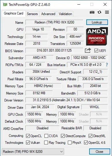 Дискретна відеокарта AMD Radeon Pro WX 8200, 8 GB HBM2, 2048-bit / 4x Mini DisplayPort б/в - зображення 5
