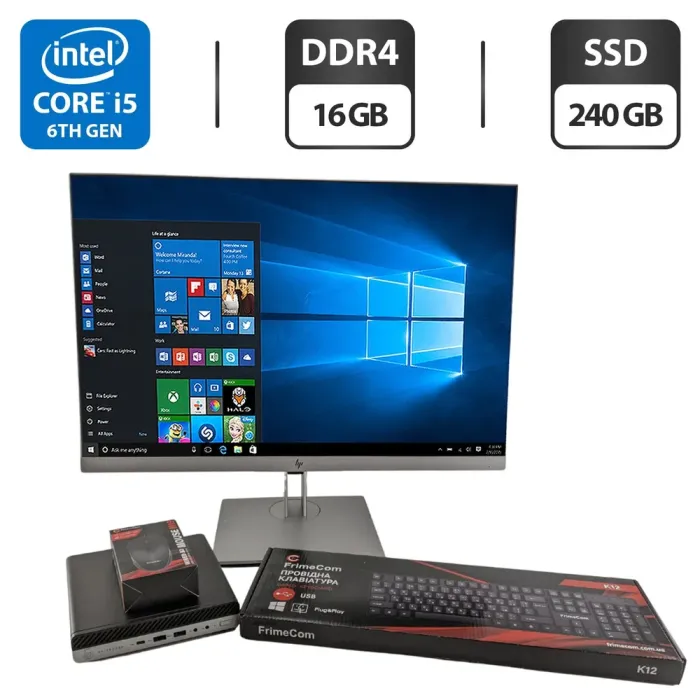 Комплект ПК: HP EliteDesk 800 G3 Mini USFF / Intel Core i5-6400T (4 ядра по 2.2 - 2.8 GHz) / 16 GB DDR4 / 240 GB SSD / Intel UHD Graphics 530 / Блок живлення + Монітор HP EliteDisplay E243i / 24" (1920x1200) IPS / VGA, HDMI, DisplayPort б/в - зображення 1