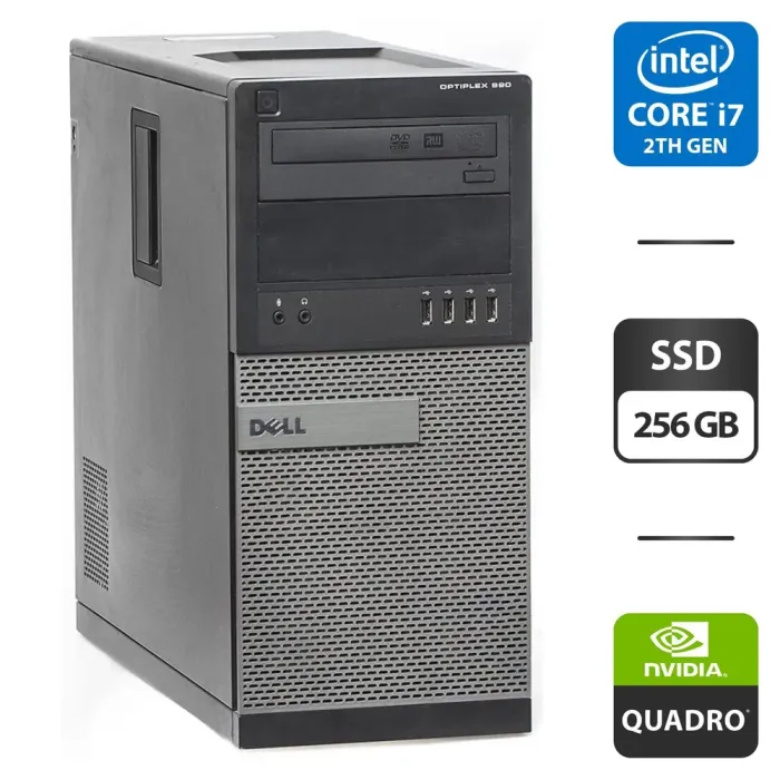 Комп'ютер Dell OptiPlex 990 Tower / Intel Core i7-2600K (4 (8) ядра по 3.4 - 3.8 GHz) / 16 GB DDR3 / 256 GB SSD / nVidia Quadro K620, 2 GB GDDR3, 128-bit / DVD-ROM б/в - зображення 1