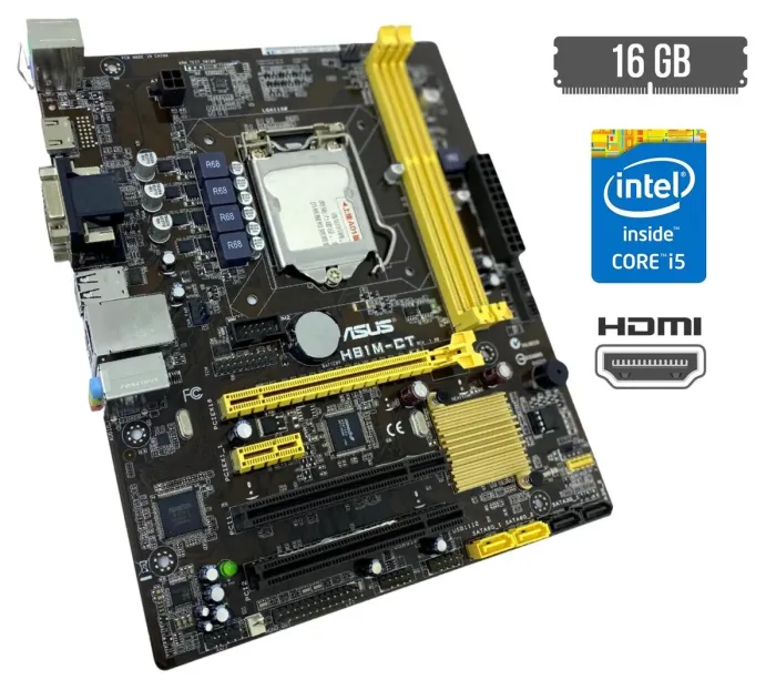 Комплект: Материнська плата Asus H81M-CT / Intel Core i5-4590S (4 ядра по 3-3.7 GHz) / 16 GB DDR3 / Intel HD Graphics 4600 / Socket LGA1150 / Кулер б/в - зображення 1