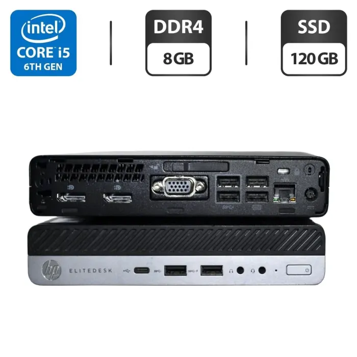 Неттоп HP EliteDesk 800 G3 Desktop Mini USFF / Intel Core i5-6500T (4 ядра по 2.5 - 3.1 GHz) / 8 GB DDR4 / 120 GB SSD / Intel UHD Graphics 630 / Windows 11 Pro / Блок живлення б/в - зображення 1