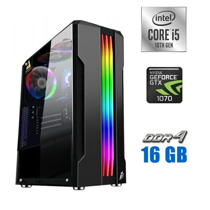 Ігровий ПК Tower NEW / Intel Core i5-10400F (6 (12) ядер по 2.9 - 4.3 GHz) NEW / 16 GB DDR4 NEW / 240 GB SSD NEW + 500 GB HDD / nVidia GeForce GTX 1070 Ti, 8 GB GDDR5, 256-bit / 600W NEW б/в - зображення 1