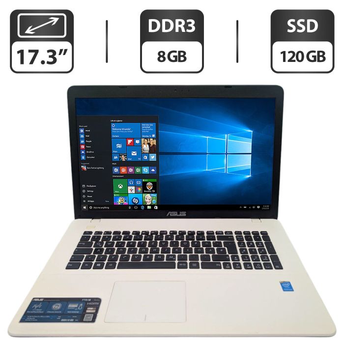 Ноутбук Asus F751M / 17.3" (1600x900) TN / Intel Pentium N3530 (4 ядра по 2.16 - 2.58 GHz) / 8 GB DDR3 / 120 GB SSD / Intel HD Graphics / WebCam / DVD-ROM б/в - зображення 1