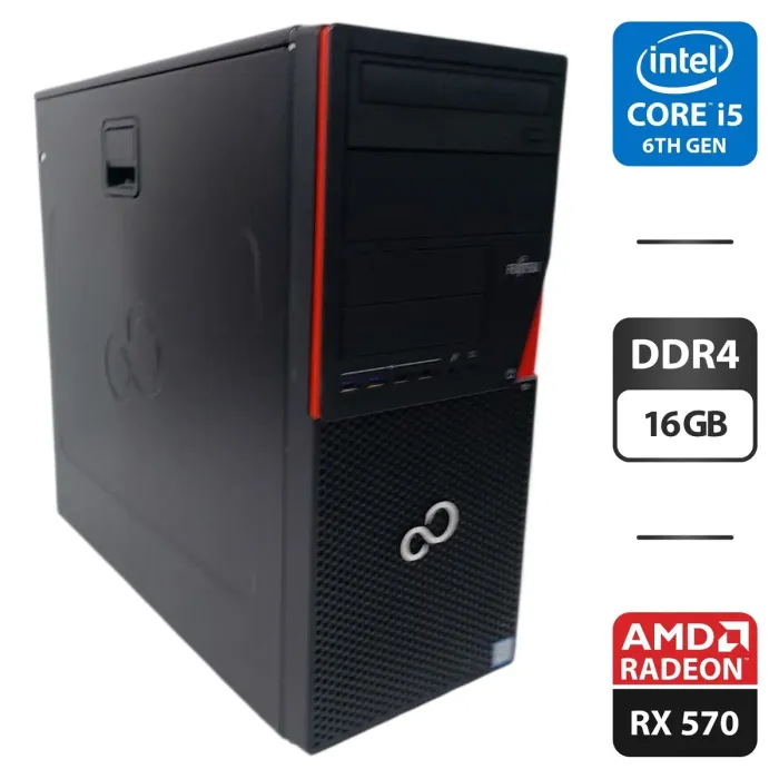 Комп'ютер Fujitsu Esprimo P956 E90 Tower / Intel Core i5-6600 (4 ядра по 3,3 - 3,9 ГГц) / 16 ГБ DDR4 / 256 ГБ SSD M.2 + 500 ГБ HDD / AMD Radeon RX 570, 4 ГБ GDDR5, 256-біт / DVD-ROM б/в - зображення 1