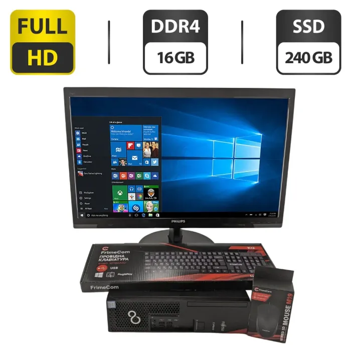 Комплект ПК: Fujitsu Esprimo D738 E85 SFF / Intel Core i3-9100 (4 ядра по 3.6 - 4.2 GHz) / 16 GB DDR4 / 240 GB SSD / Intel UHD Graphics 630 + Монітор Philips V Line 246V5LHAB/00 / 24" (1920x1080) TN / VGA, DVI, HDMI, USB-Hub + Клавіатура, мишка б/в - зображення 1