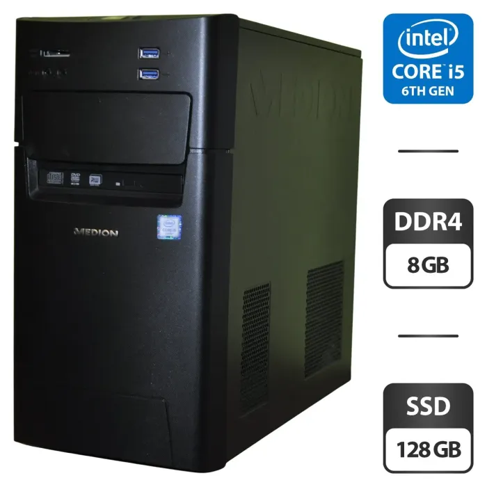 Комп'ютер Medion Akoya P5360 E-MT22 Tower / Intel Core i5-6402P (4 ядра по 2,8 - 3,4 ГГц) / 8 ГБ DDR4 / 128 ГБ SSD / Intel HD Graphics 510 / DVD-ROM / Windows 11 Home б/в - зображення 1