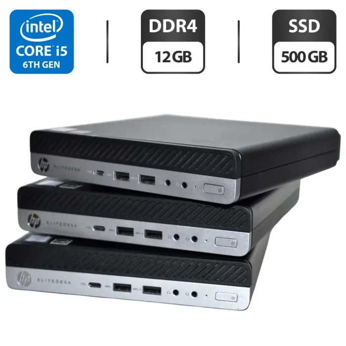 Неттоп HP EliteDesk 800 G3 Desktop Mini USFF / Intel Core i5-6500T (4 ядра по 2.5 - 3.1 GHz) / 12 GB DDR4 / 500 GB SSD / Intel UHD Graphics 630 / Блок живлення б/в - зображення 1