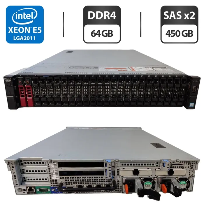 Сервер Dell PowerEdge R730xd 24SFF 2U Rack / 2x Intel Xeon E5-2690 v4 (14 (28) ядер по 2.6 - 3.5 GHz) / 64 GB DDR4 / 2x 450 GB SAS / Matrox G200eR2 / 2x 750W б/в - зображення 1