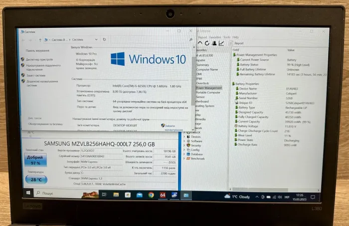 Ноутбук Б-клас Lenovo ThinkPad L380 / 13.3" (1920x1080) TN / Intel Core i5-8250U (4 (8) ядра по 1.6 - 3.4 GHz) / 8 GB DDR4 / 256 GB SSD / Intel UHD Graphics 620 / WebCam / Windows 10 б/в - зображення 9