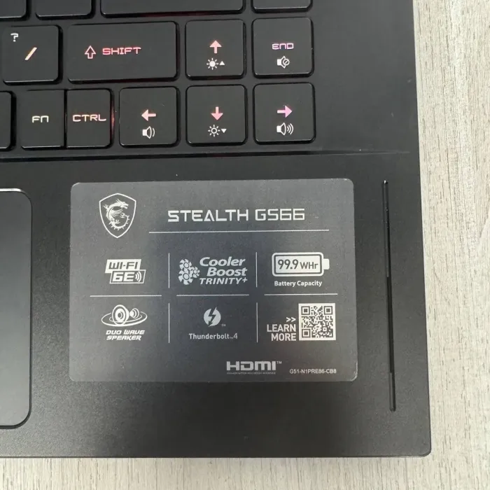 Ігровий ноутбук Б-класу MSI Stealth GS66 12UH / 15.6" (2560x1440) IPS / Intel Core i9-12900H (14 (20) ядер по 3,8 - 5,0 ГГц) / 16 ГБ DDR5 / 512 ГБ SSD / nVidia GeForce RTX 3080, 8 ГБ GDDR6, 256-bit / WebCam б/в - зображення 3