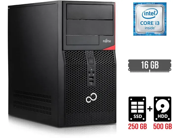 Комп'ютер Fujitsu Tower / Intel Core i3-6100 (2 (4) ядра по 3.7 GHz) / 16 GB DDR4 / 250 GB SSD + 500 GB HDD / Intel HD Graphics 530 / DisplayPort б/в - зображення 1