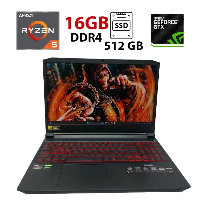 Ігровий ноутбук Acer Nitro 2023 / 15.6" (1920x1080) IPS / AMD Ryzen 5 5600H (6 (12) ядер по 3.0 - 4.2 GHz) / 16 GB DDR4 / 512 GB SSD / nVidia GeForce GTX 1650, 4 GB GDDR6, 128-bit / WebCam б/в - зображення 1