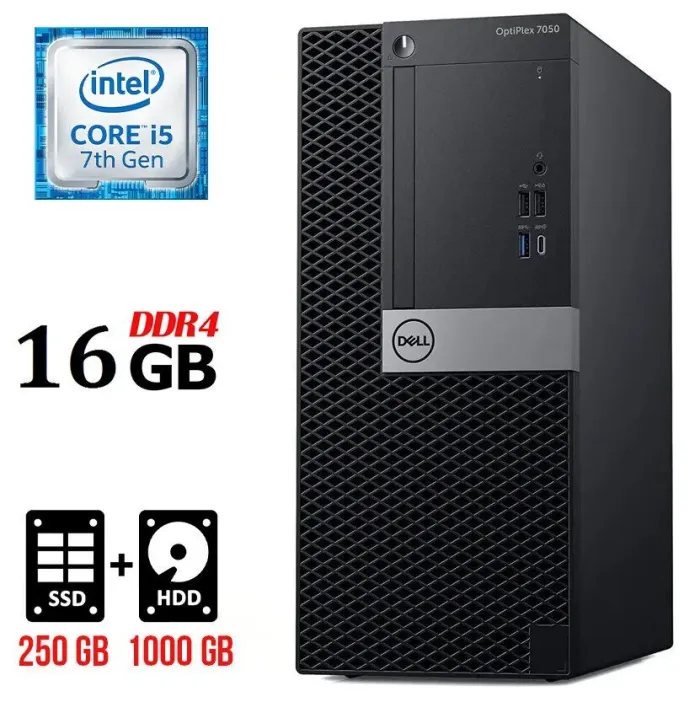 Комп'ютер Dell OptiPlex 7050 Tower / Intel Core i5-7500 (4 ядра по 3.4 - 3.8 GHz) / 16 GB DDR4 / 250 GB SSD + 1000 GB HDD / Intel HD Graphics 630 б/в - зображення 1