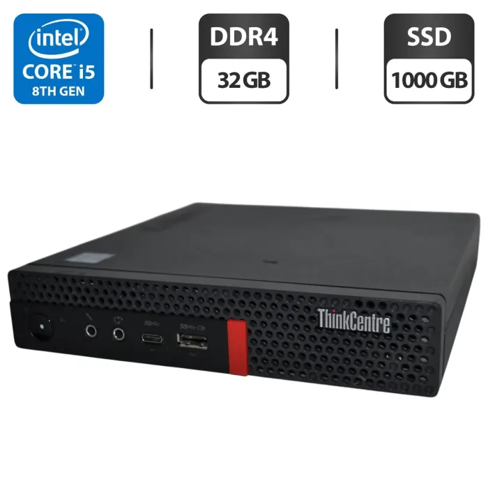 Неттоп Lenovo ThinkCentre M720q Tiny USFF / Intel Core i5-8400T (6 ядер по 1.7 - 3.3 GHz) / 32 GB DDR4 / 1000 GB SSD / Intel UHD Graphics 630 / Wi-Fi / Windows 11 Pro б/в - зображення 1