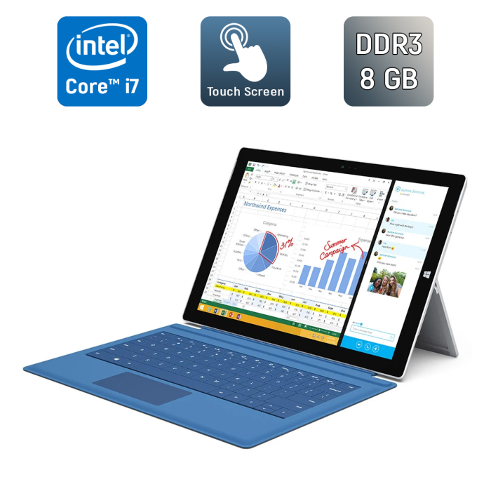 Нетбук-трансформер Microsoft Surface Pro 3 / 12" (2160x1440) IPS Touch / Intel Core i7-4650U (2 (4) ядра по 1.7 - 3.3 GHz) / 8 GB DDR3 / 512 GB SSD / Intel HD Graphics 5000 / WebCam б/в - зображення 1