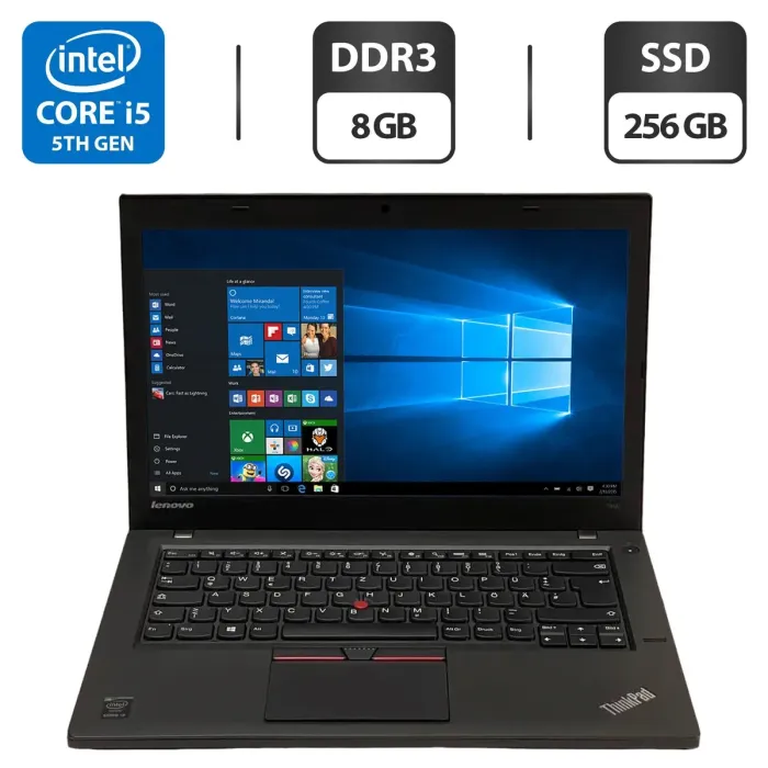 Ноутбук Lenovo ThinkPad T450 / 14" (1600x900) TN / Intel Core i5-5300U (2 (4) ядра по 2.3 - 2.9 GHz) / 8 GB DDR3 / 256 GB SSD / Intel HD Graphics 5500 / WebCam / VGA б/в - зображення 1