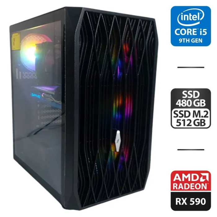 Ігровий ПК 1stPlayer Ariya AY7 Tower / Intel Core i5-9400 (6 ядер по 2.9 - 4.1 GHz) / 16 GB DDR4 / 480 GB SSD + 512 GB SSD M.2 / AMD Radeon RX 590, 8 GB GDDR5, 256-bit / 500W б/в - зображення 1