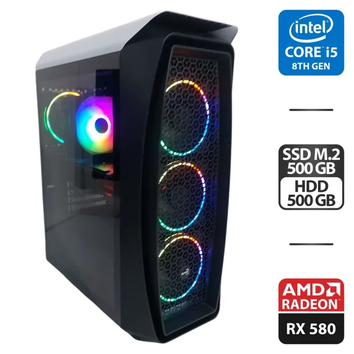 Ігровий ПК AeroCool Aero One Frost Tower / Intel Core i5-8500 (6 ядер 3.0 - 4.1 ГГц) / 24 ГБ DDR4 / 500 ГБ SSD M.2 + 500 ГБ HDD / AMD Radeon RX 580, 8 ГБ GDDR6, 256-біт / 650 Вт б/в - зображення 1