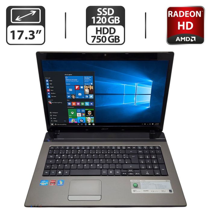 Ноутбук Acer Aspire 7750G / 17.3" (1600x900) TN / Intel Core i7-2630QM (4 (8) ядра по 2.0 - 2.9 GHz) / 6 GB DDR3 / 120 GB SSD + 750 GB HDD / AMD Radeon HD 6770M, 2 GB GDDR5, 128-bit / WebCam / DVD-ROM б/в - зображення 1