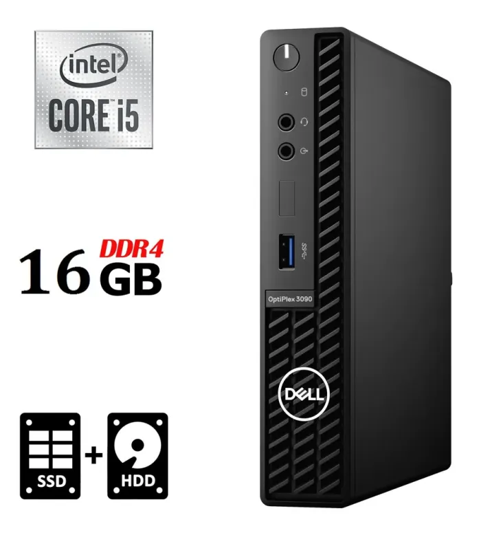 Неттоп Dell Optiplex 3090 Micro USFF / Intel Core i5-10500T (6 (12) ядер по 2.3 - 3.8 GHz) / 16 GB DDR4 / 256 GB SSD M.2 + 500 GB HDD / Intel UHD Graphics 630 / DisplayPort / Wi-Fi / Bluetooth б/в - зображення 1