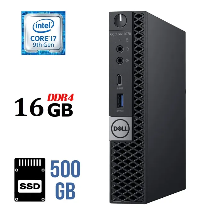 Неттоп Dell OptiPlex 7070 Micro USFF / Intel Core i7-9700T (8 ядер по 2.0 - 4.3 GHz) / 16 GB DDR4 / 500 GB SSD / Intel UHD Graphics 630 / DisplayPort б/в - зображення 1