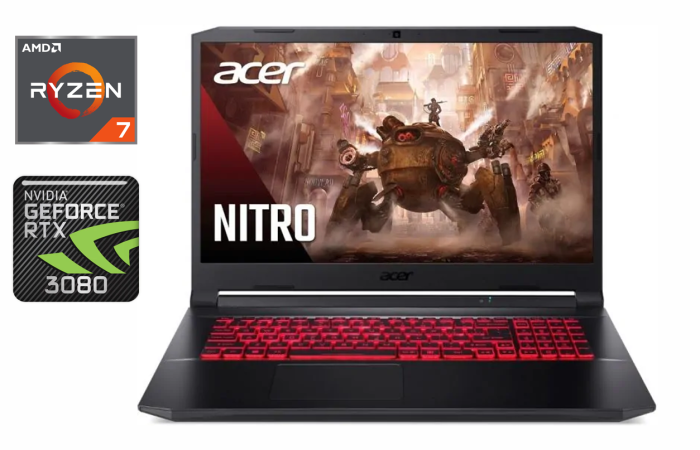 Ігровий ноутбук Acer Nitro 5 AN517-41 / 17.3" (1920x1080) IPS / AMD Ryzen 7 5800H (8 (16) ядер по 3.2 - 4.4 GHz) / 32 GB DDR4 / 512 GB SSD / nVidia GeForce RTX 3080, 8 GB GDDR6, 256-bit / WebCam / Windows 11 б/в - зображення 1