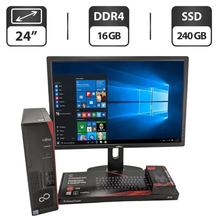 Комплект ПК: Fujitsu Esprimo D538 E85 SFF / Intel Core i5-8400 (6 ядер по 2.8 - 4.0 GHz) / 16 GB DDR4 / 240 GB SSD / Intel HD Graphics 630 + Монітор Dell UltraSharp U2412M / 24" (1920x1200) IPS / VGA, DVI, DisplayPort, USB-Hub + Клавіатура, мишка б/в - зображення 1
