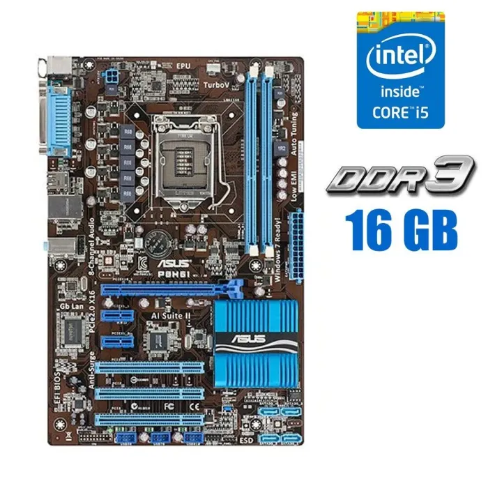 Комплект: Материнська плата Asus P8H61 / LGA1155 / Intel Core i5-2500 (4 ядра по 3.3 - 3.7 GHz) / 16 GB DDR3 + Кулер б/в - зображення 1